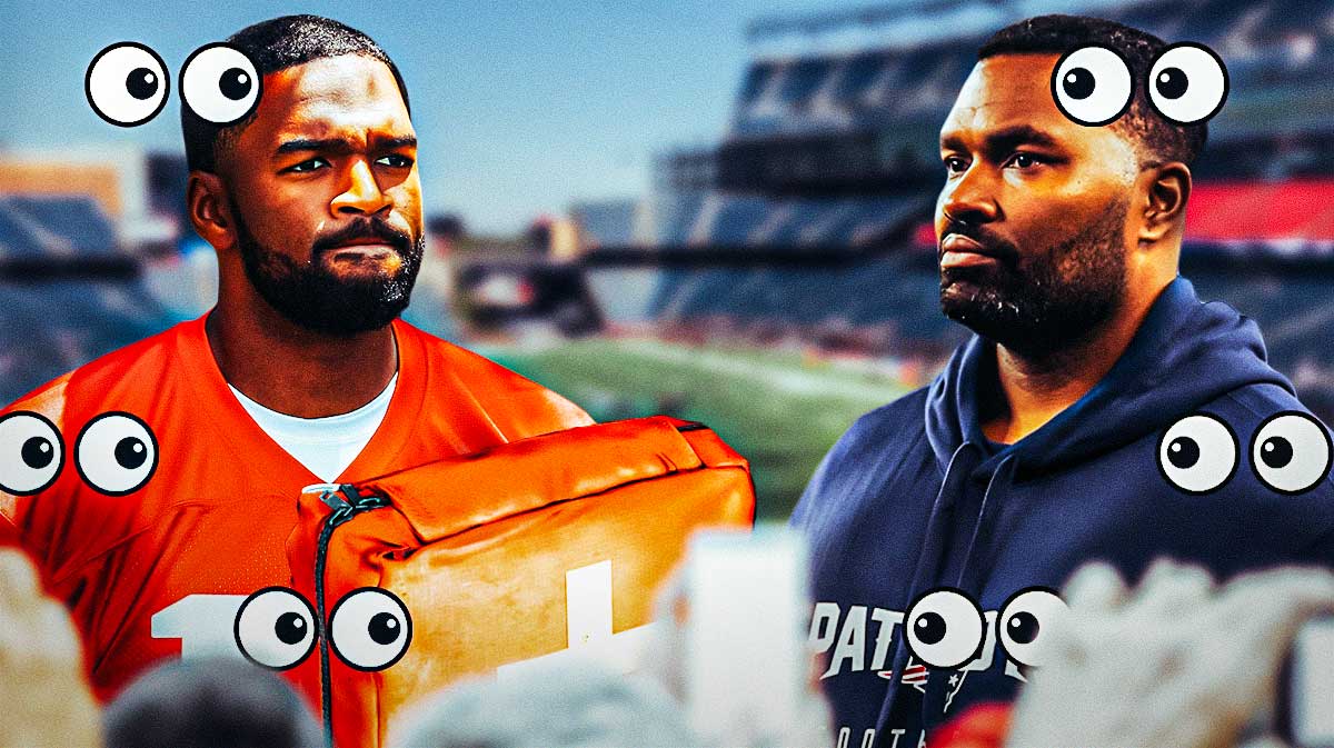 Jacoby Brissett on one side with an injury kit in front of him, Jerod Mayo on the other side, a bunch of the big eyes emojis in the background