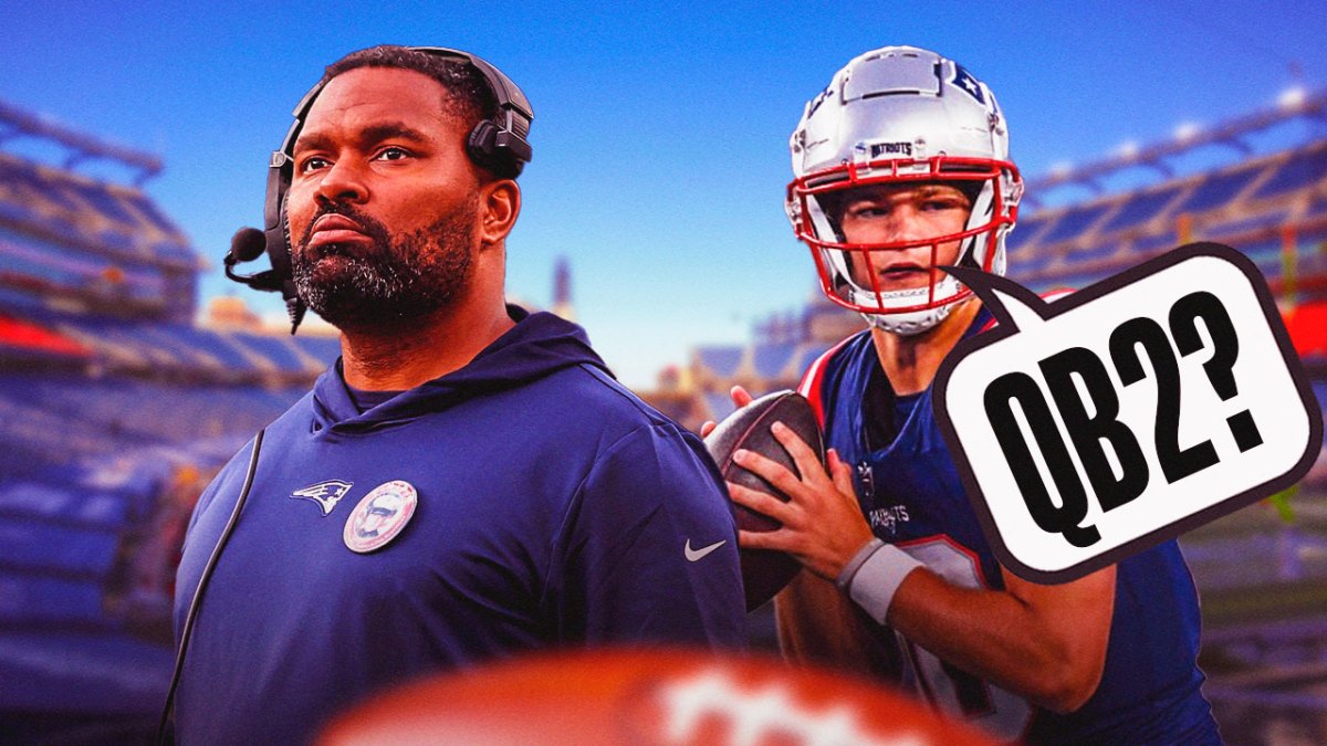 Patriots Jerod Mayo next to Drake Maye with "QB2?" in bubble next to him
