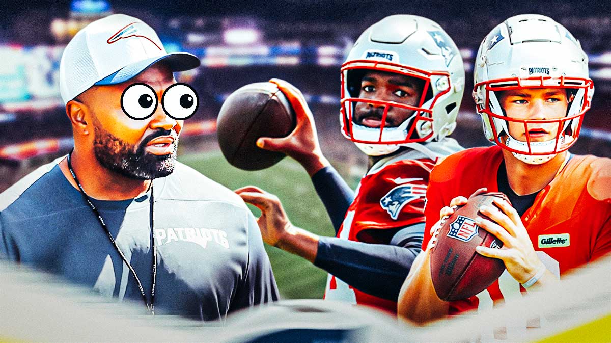 Patriots Jerod Mayo with emoji eyes looking at Jacoby Brissett and Drake Maye