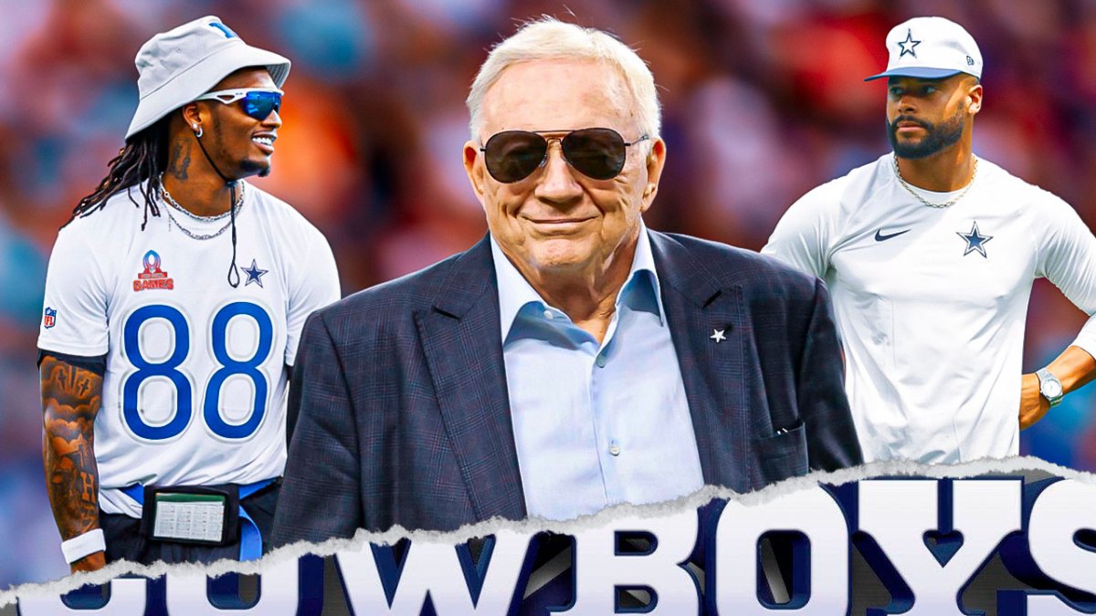 Jerry Jones front and center. Dak Prescott behind him and to the right. Ceedee Lamb behind him and to the left