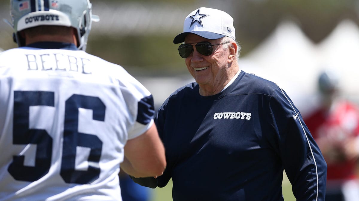 Dallas Cowboys owner Jerry Jones during training camp at the River Ridge Playing Fields in Oxnard, Californian. 