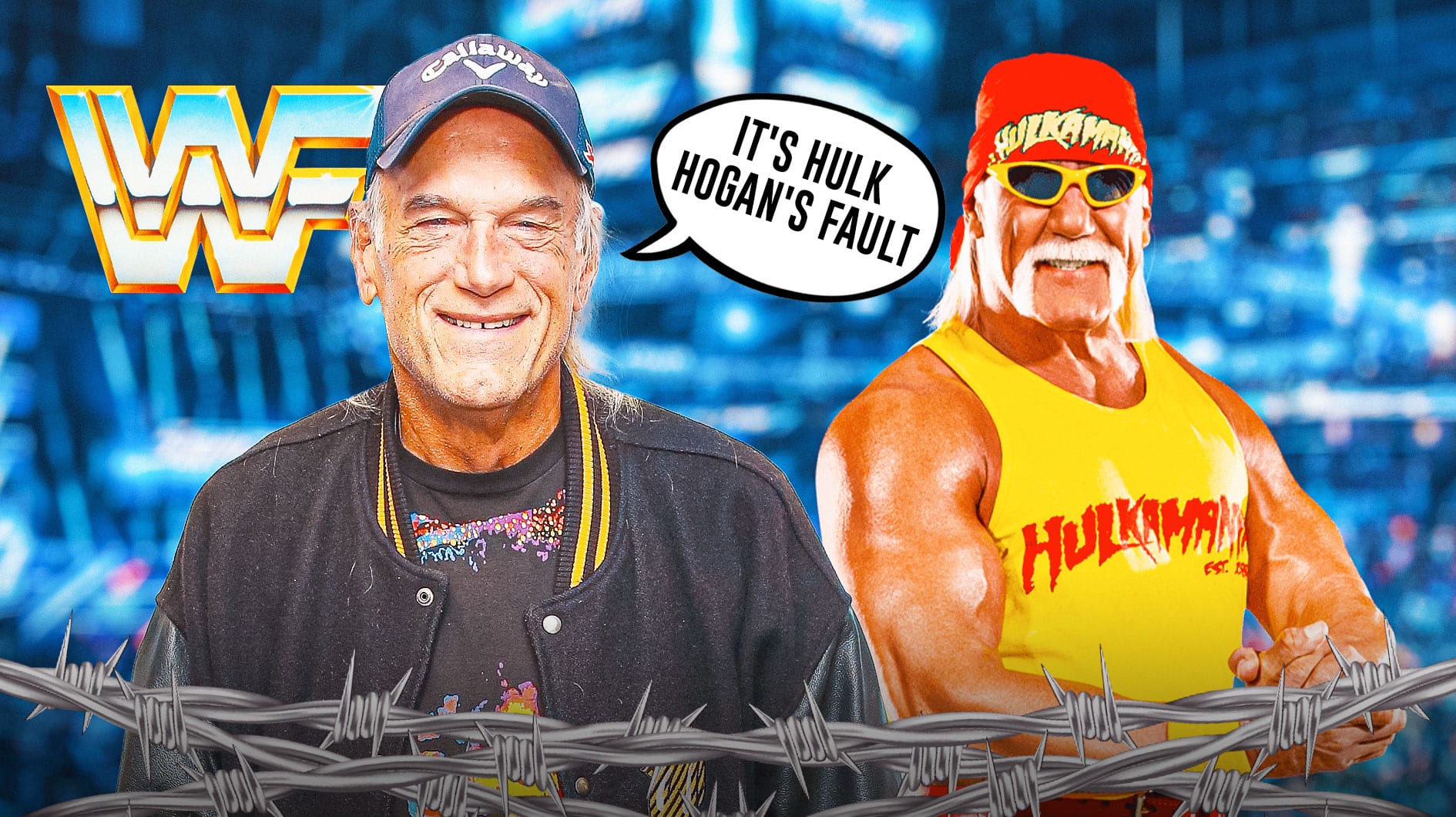 Jessee Ventura with a text bubble reading "It's Hulk Hogan's fault" next to Hulk Hogan with the 1980s WWF logo as the background.