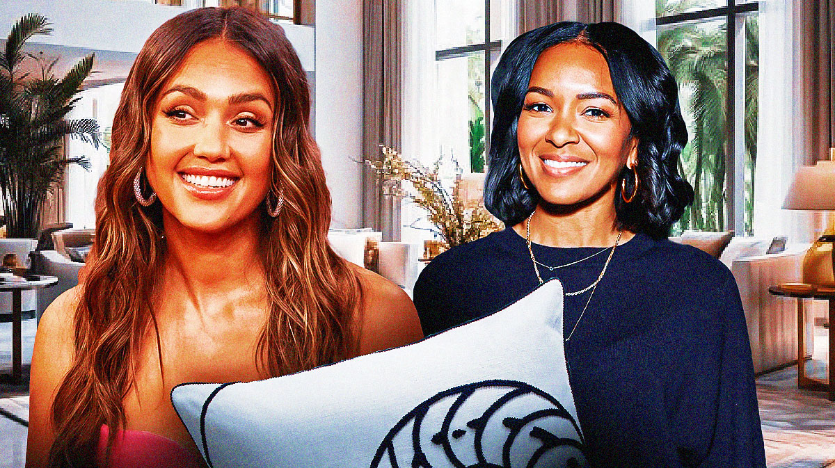 Honest Renovations Season 2 hosts Jessica Alba and Lizzy Mathis with fancy house background.