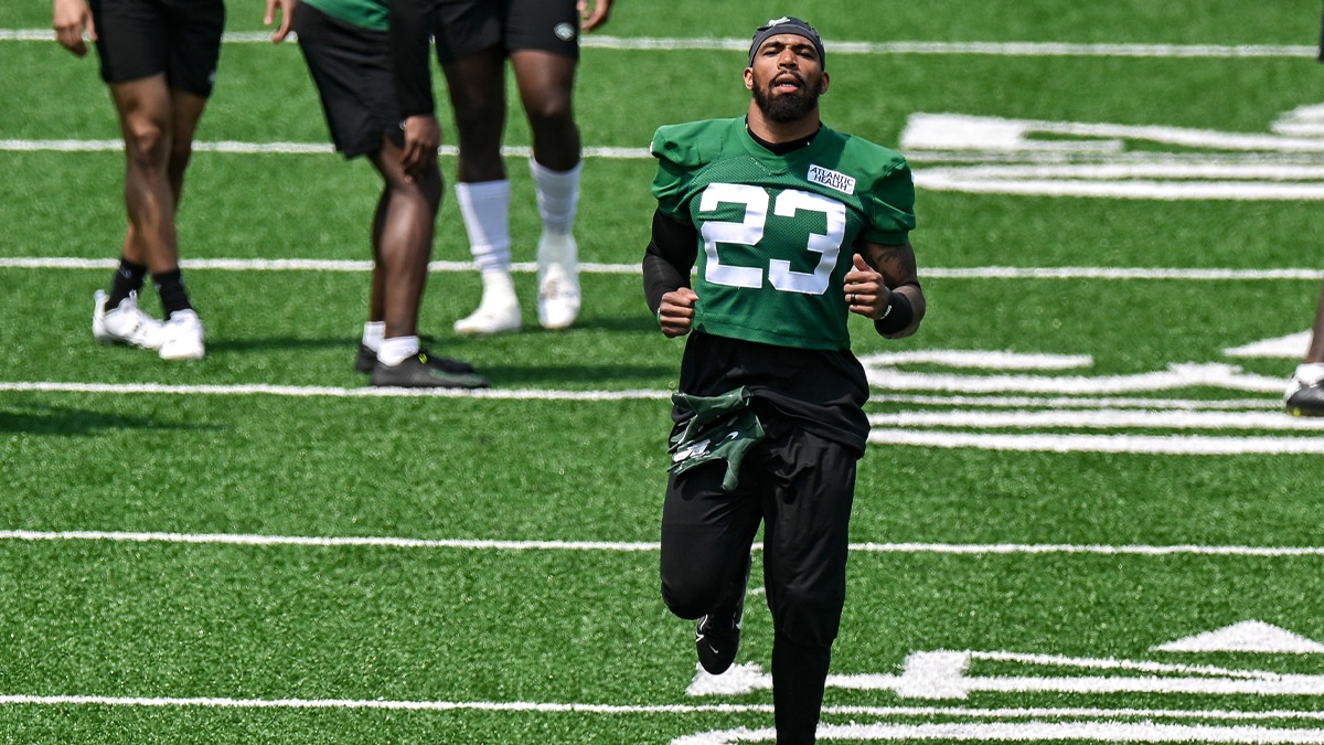 New York Jets safety Chuck Clark (23) warms up during OTA s at Atlantic Health Jets Training Center.