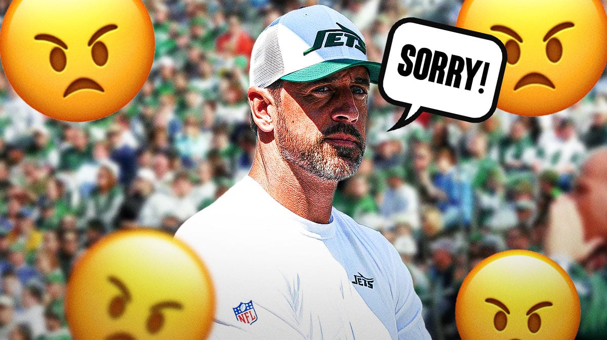 Aaron Rodgers on one side with a speech bubble that says "Sorry!", a bunch of New York Jets fans on the other side with a bunch of angry emojis around them