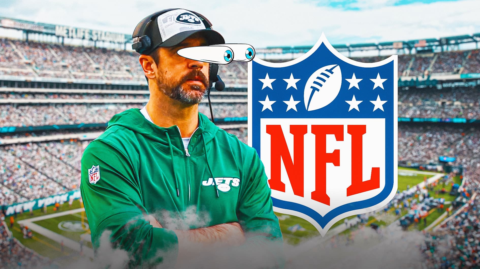 Aaron Rodgers in Jets jersey looks at NFL logo with bulging eyes