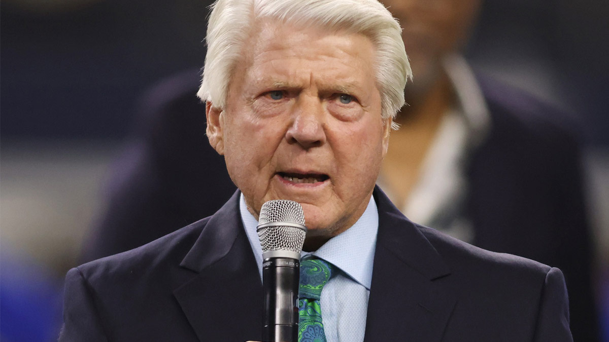 Former Dallas Cowboys head coach Jimmy Johnson talks during the Ring of Honor ceremony at the half time of the game against the Detroit Lions at AT&T Stadium.