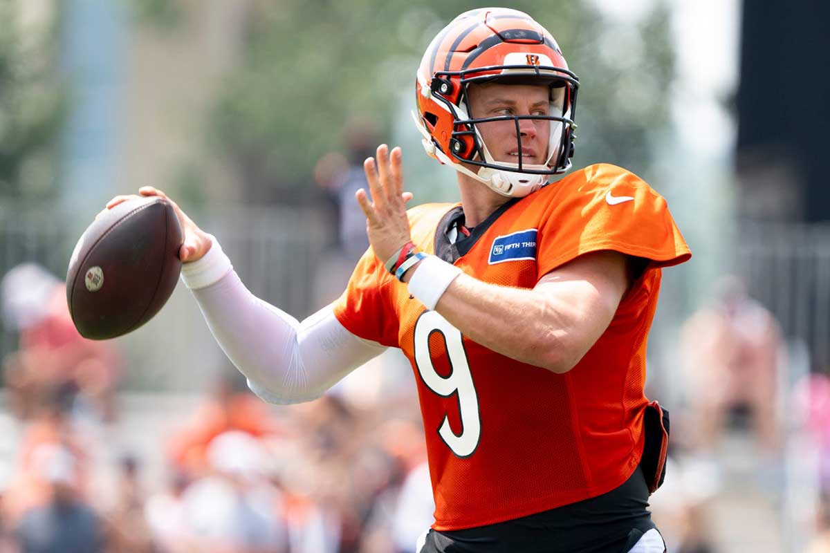 Cincinnati Bengals quarterback Joe Burrow (9) throws a pass at Cincinnati Bengals training camp on the Kettering Health Practice Fields in Cincinnati on Sunday, Aug. 4, 2024.