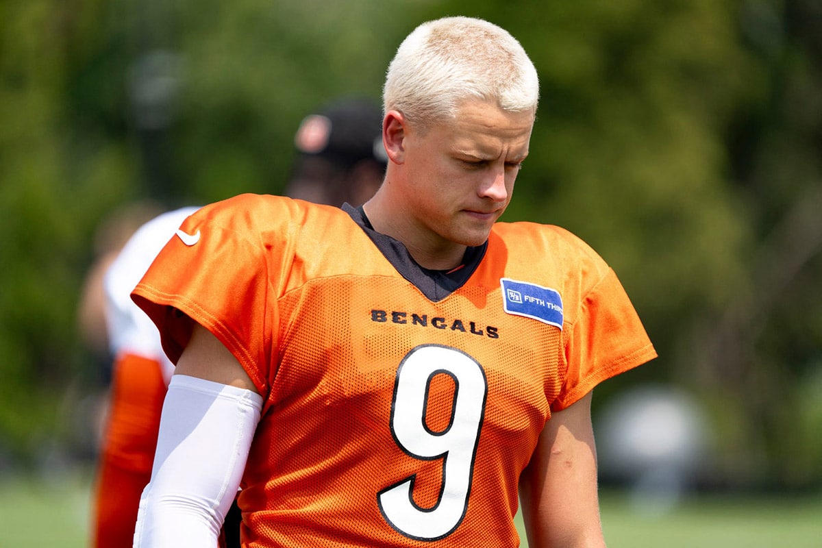 Cincinnati Bengals quarterback Joe Burrow (9) at practice at Cincinnati Bengals training camp on the Kettering Health Practice Fields in Cincinnati on Sunday, Aug. 4, 2024.