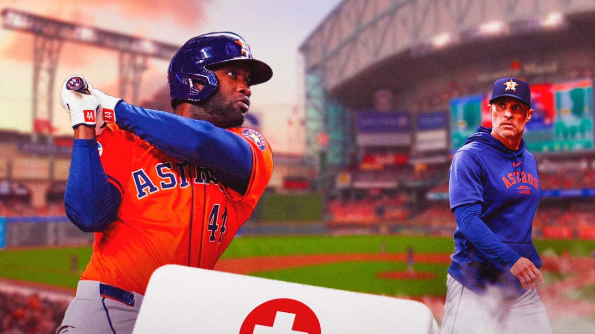 Yordan Alvarez batting in a Houston Astros uniform with a red and white first aid symbol and manager Joe Espada in an Astros uniform off to the side as Alvarez is still too hurt to play as the latest Astros injuries but the Astros playoffs hopes depend on his return from injury.