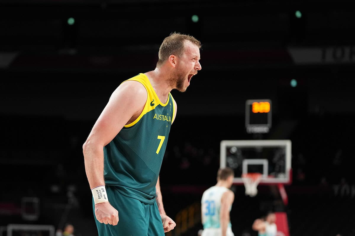 Team Australia small forward Joe Ingles (7) reacts on the court against Slovenia in the second half during the Tokyo 2020 Olympic Summer Games at Saitama Super Arena.