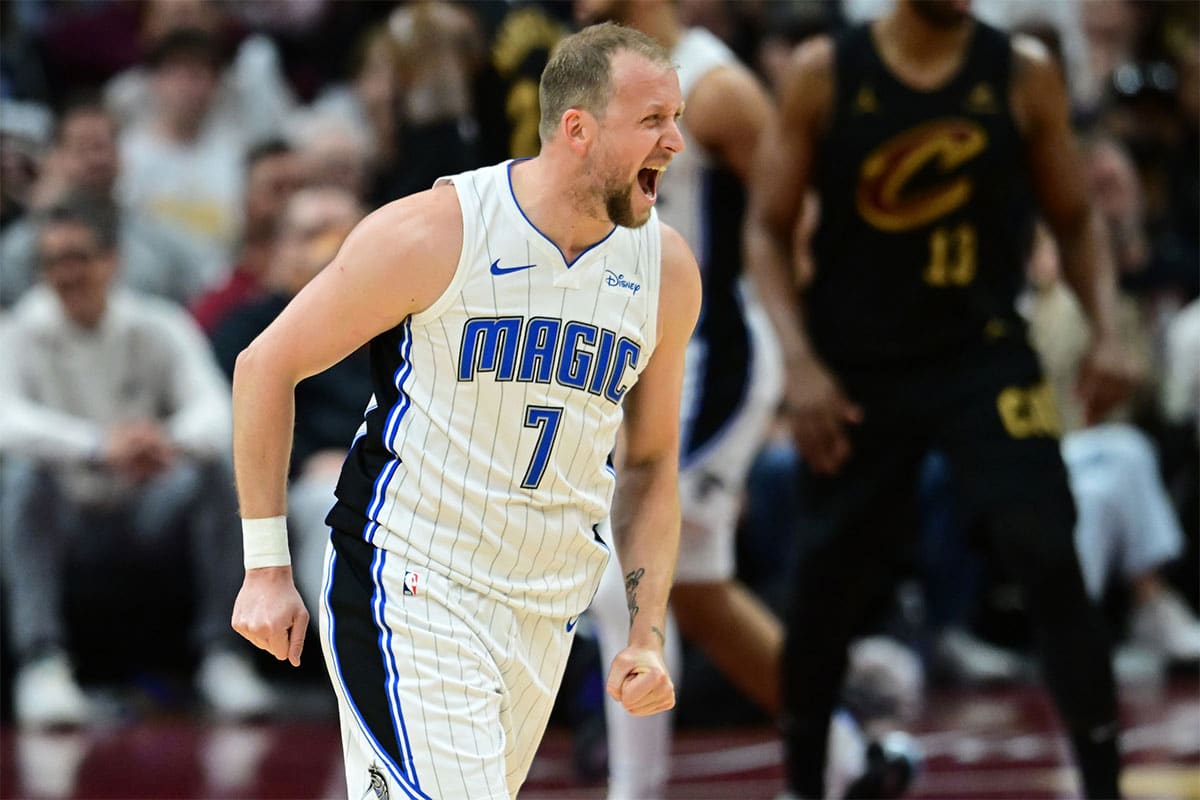 Orlando Magic guard Joe Ingles (7) reacts after a basket during the second half against the Cleveland Cavaliers in game five of the first round for the 2024 NBA playoffs at Rocket Mortgage FieldHouse.