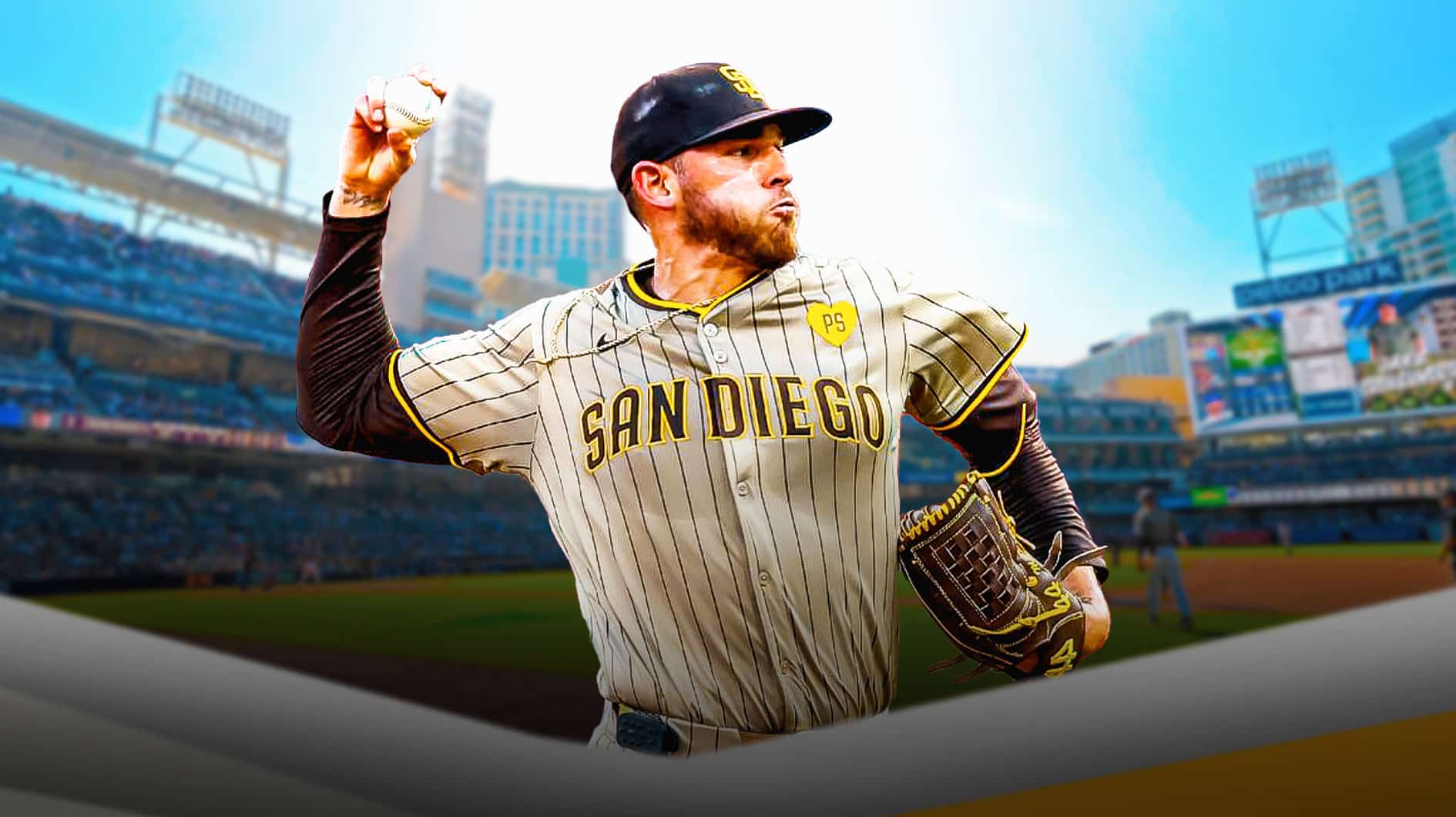 Joe Musgrove (Padres) pitching in front of Petco Park (San Diego)