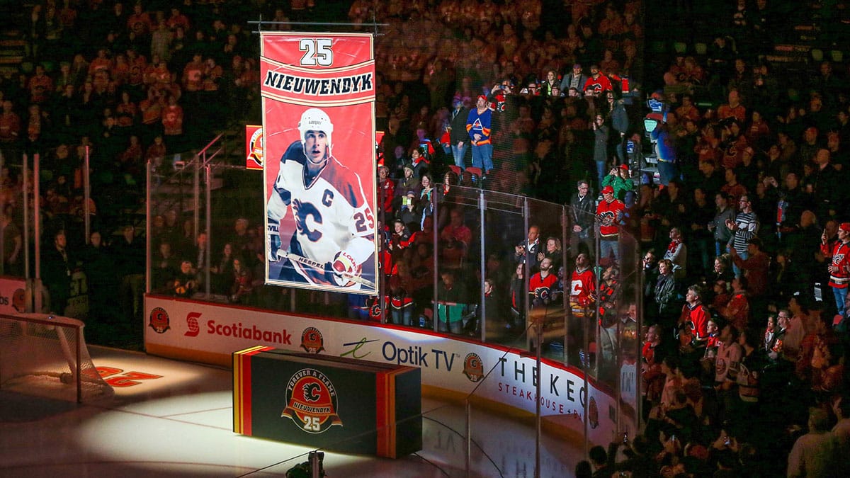 Calgary Flames former player Joe Nieuwendyk is honored before the game against the New York Islanders at Scotiabank Saddledome.