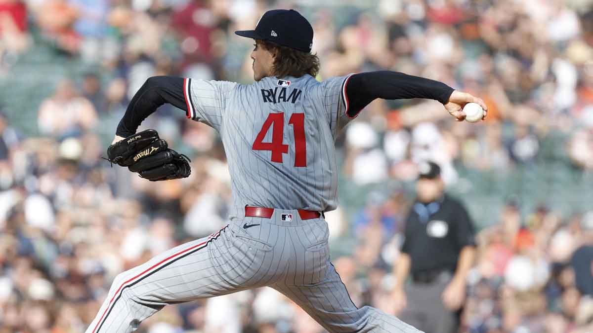 Jul 27, 2024; Detroit, Michigan, USA; Minnesota Twins starting pitcher Joe Ryan (41) throws during the first inning against the Detroit Tigers at Comerica Park. 