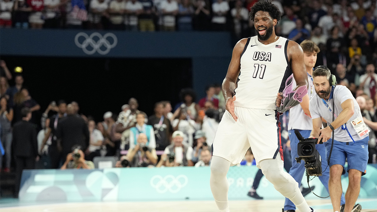 Aug 8, 2024; Paris, France; United States centre Joel Embiid (11) celebrates after the game against Serbia in a men's basketball semifinal game during the Paris 2024 Olympic Summer Games at Accor Arena. Mandatory Credit: Kyle Terada-USA TODAY Sports