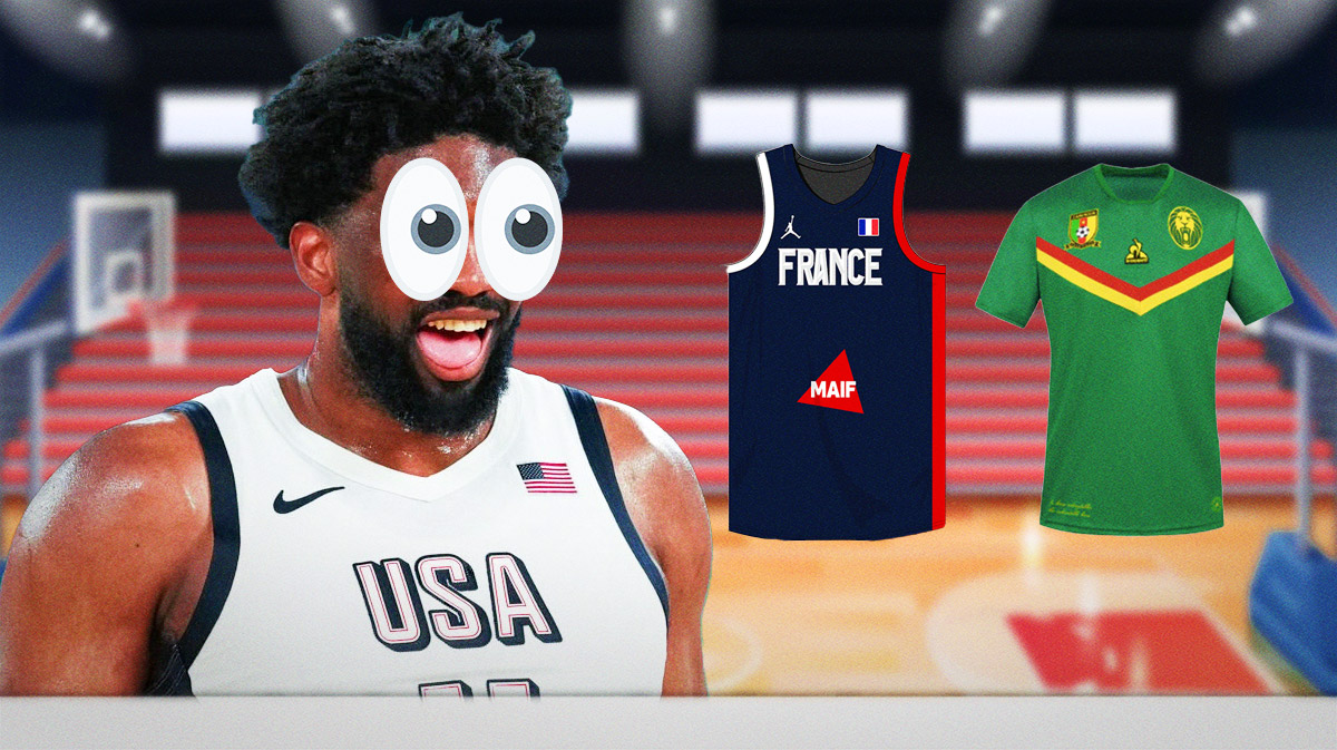 Team USA's Joel Embiid with eyes emoji all over him while looking at a France and Cameroon jersey