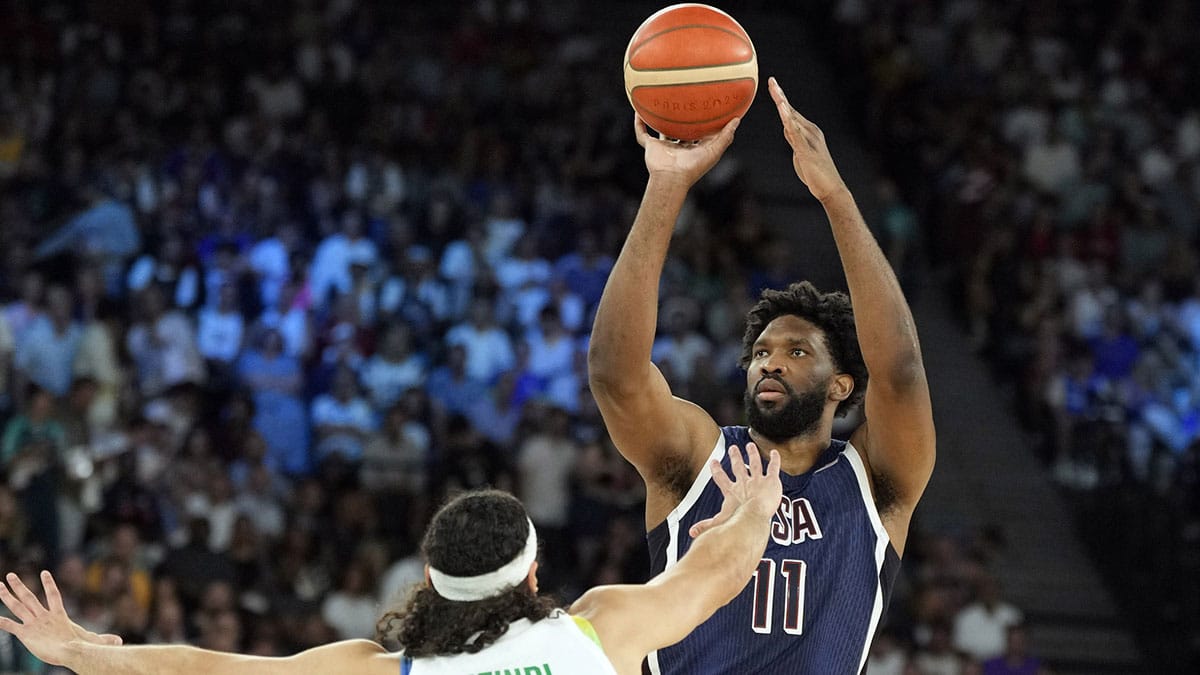 United States centre Joel Embiid (11) shoots against Brazil small forward Leo Meindl (14) in the first quarter in a men’s basketball quarterfinal game during the Paris 2024 Olympic Summer Games at Accor Arena.