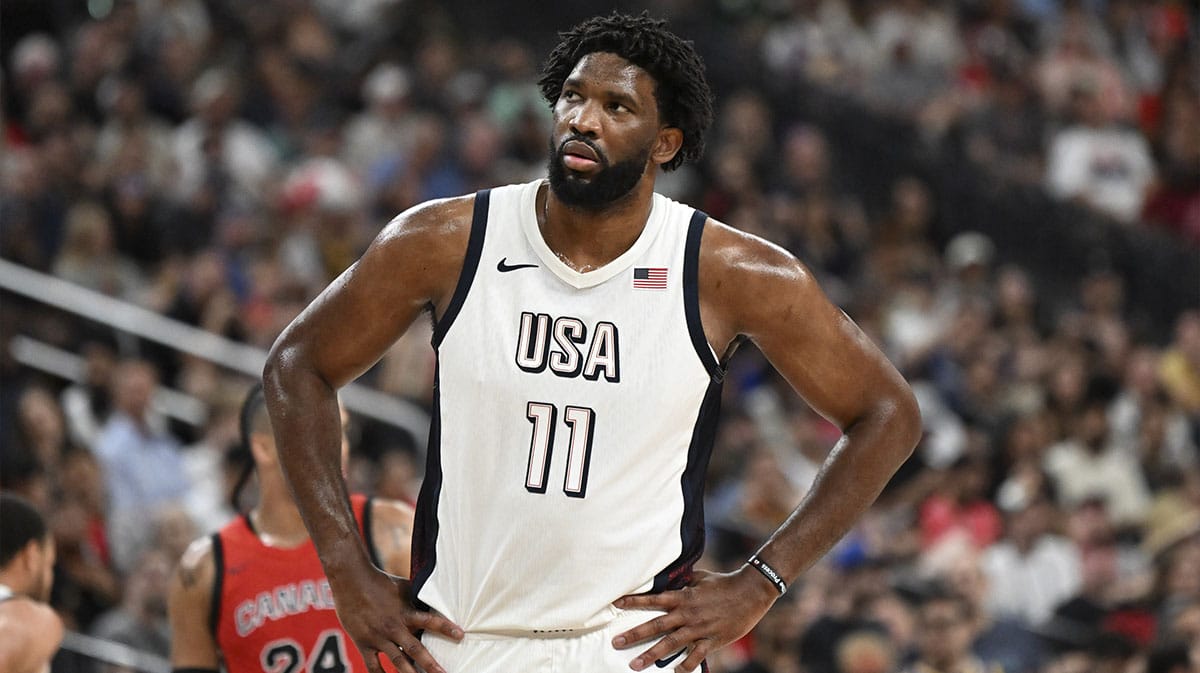 USA forward Joel Embiid (11) looks on during the third quarter against Canada in the USA Basketball Showcase at T-Mobile Arena.