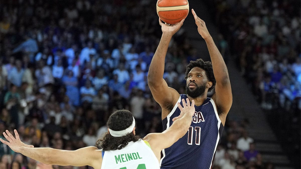 United States centre Joel Embiid (11) shoots against Brazil small forward Leo Meindl (14) in the first quarter in a men’s basketball quarterfinal game during the Paris 2024 Olympic Summer Games at Accor Arena.