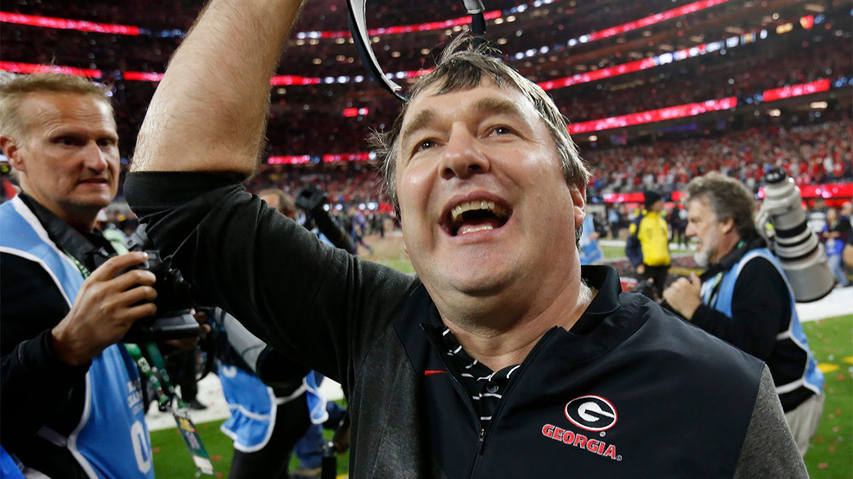 Georgia coach Kirby Smart celebrates with fans after the NCAA College Football National Championship game between TCU and Georgia on Monday, Jan. 9, 2023, in Inglewood, Calif. Georgia won 65-7.