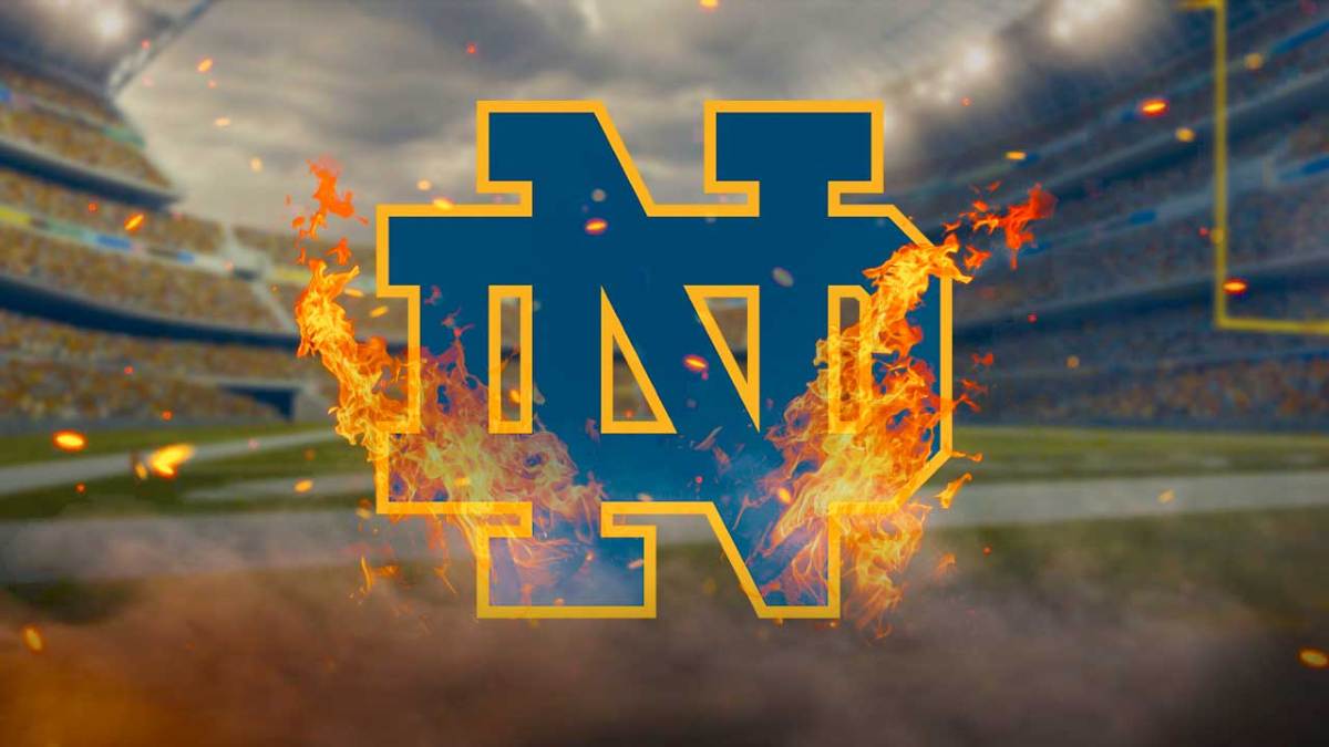 Notre Dame football logo on fire next to CFP logo, Joel Klatt in background