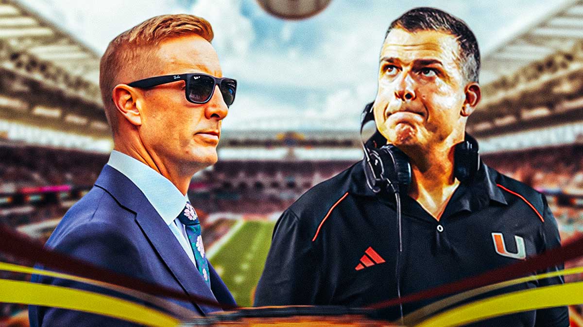 FOX Sports' Joel Klatt next to Miami Hurricanes coach Mario Cristobal