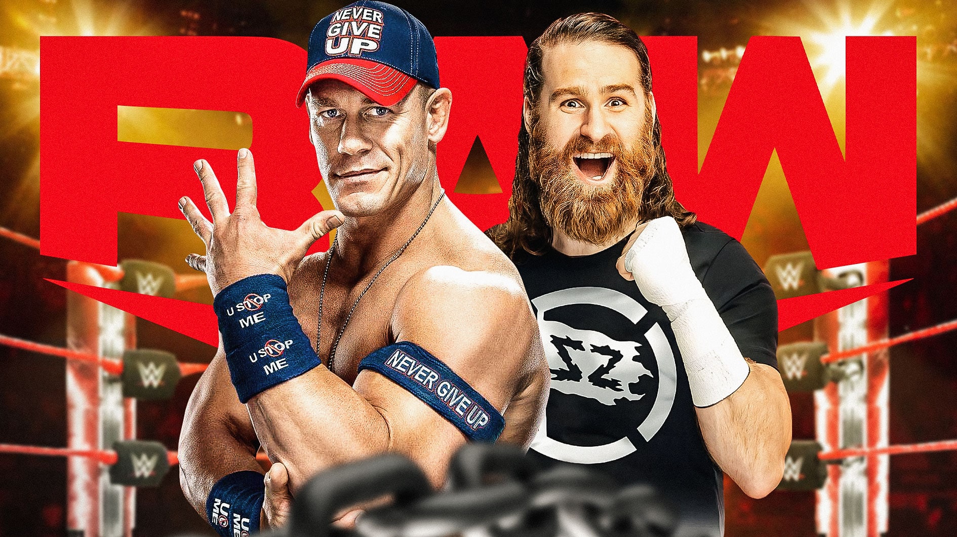 John Cena and Sami Zayn in front of the RAW logo