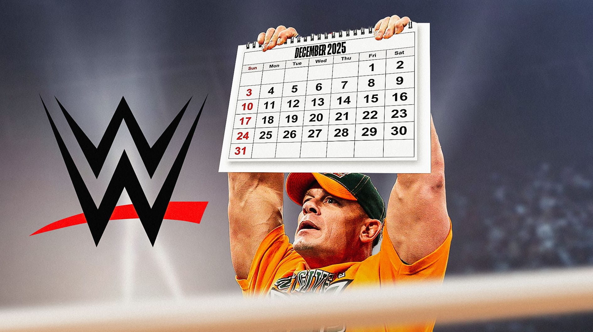 John Cena holding a calender with the WWE logo on it in front of a WWE crowd.