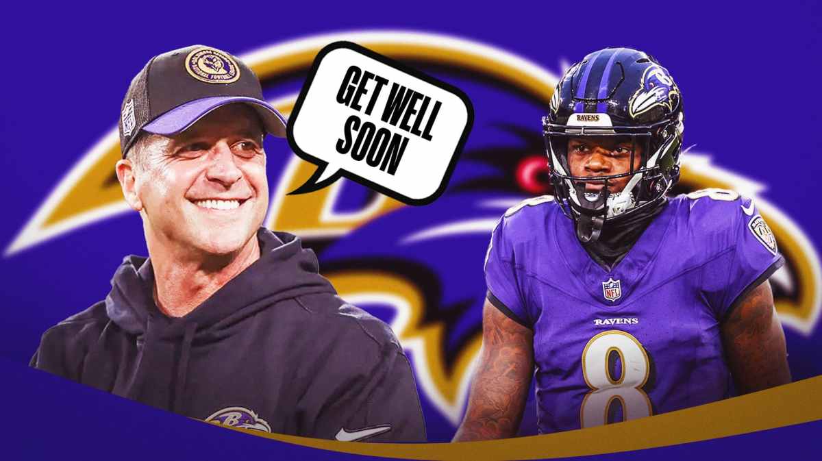 John Harbaugh with a text bubble reading "Get well soon" next to Lamar Jackson in front of a Baltimore Ravens motif.