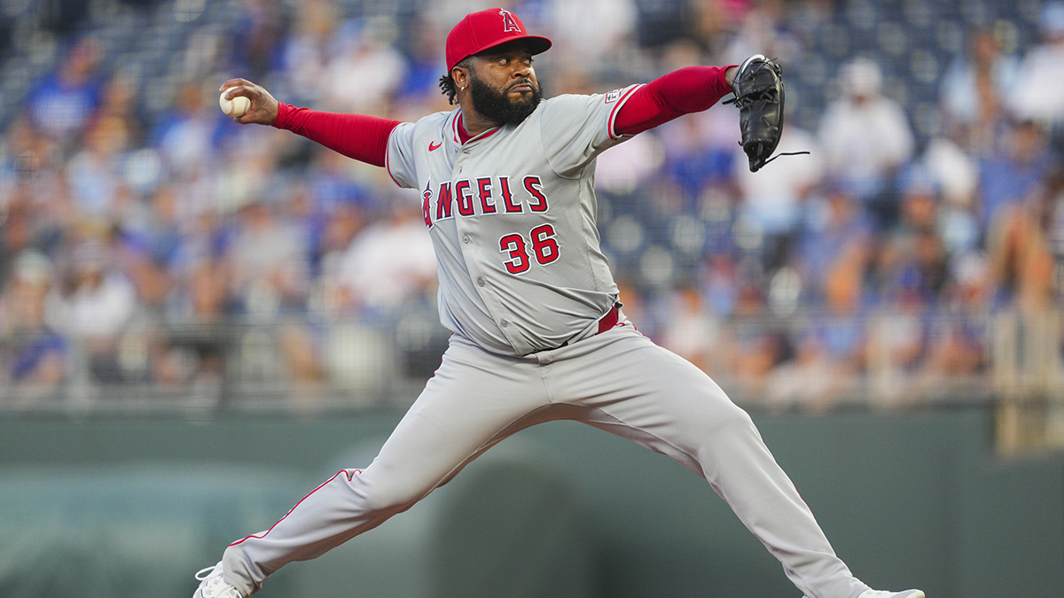 Aug 21, 2024; Kansas City, Missouri, USA; Los Angeles Angels starting pitcher Johnny Cueto (36) pitches during the second inning against the Kansas City Royals at Kauffman Stadium.