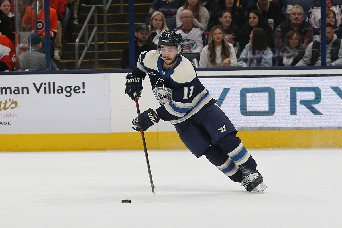 Columbus Blue Jackets left wing Johnny Gaudreau (13) carries the puck against the Philadelphia Flyers during the first period at Nationwide Arena.