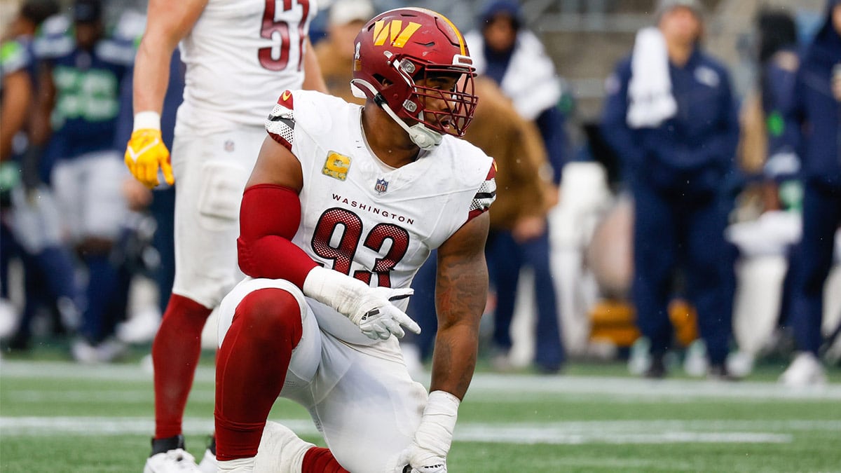 Washington Commanders defensive tackle Jonathan Allen (93) waits for a snap against the Seattle Seahawks during the second quarter at Lumen Field.