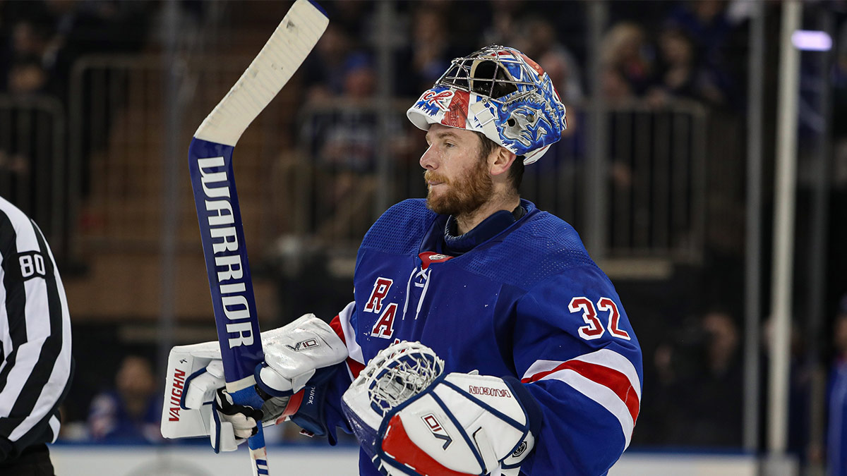New York Rangers goalie Jonathan Quick (32) skates to the bench during the second period against the Philadelphia Flyers at Madison Square Garden.