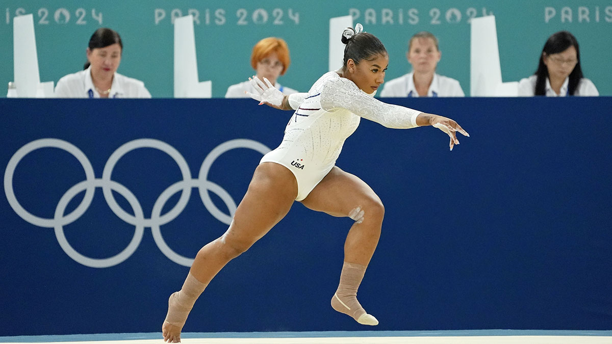 Jordan Chiles of the United States competes on the floor exercise on day three of the gymnastics event finals during the Paris 2024 Olympic Summer Games.