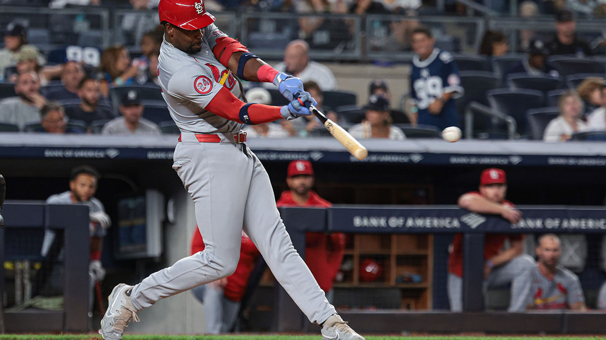 St. Louis Cardinals right fielder Jordan Walker (18) singles during the fourth inning against the New York Yankees at Yankee Stadium.
