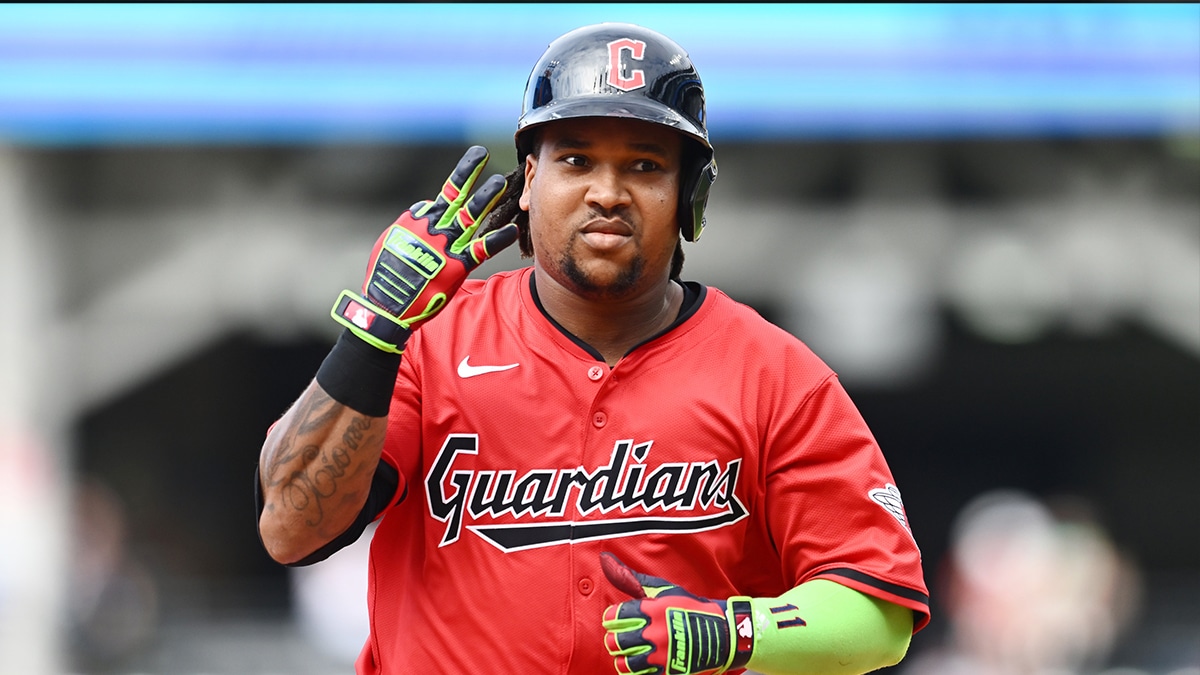 Cleveland Guardians third baseman Jose Ramirez (11) rounds the bases after hitting a home run during the sixth inning against the Arizona Diamondbacks at Progressive Field.