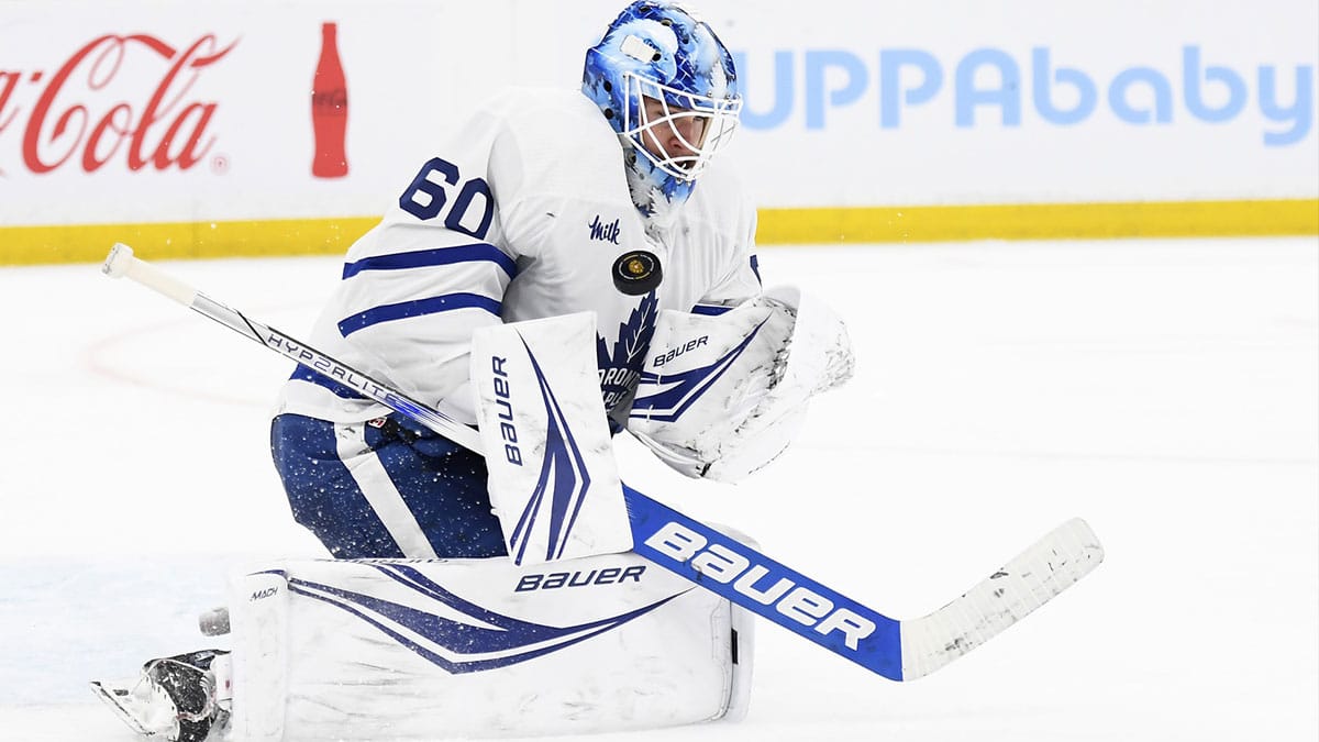 Toronto Maple Leafs goaltender Joseph Woll (60) makes a save during the third period in game five of the first round of the 2024 Stanley Cup Playoffs against the Boston Bruins at TD Garden.