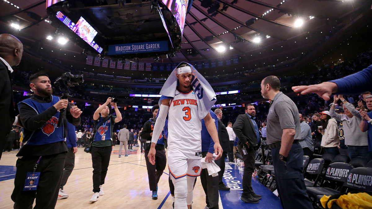 New York Knicks guard Josh Hart (3) walks off the floor after losing in game seven of the second round of the 2024 NBA playoffs against the Indiana Pacers at Madison Square Garden.