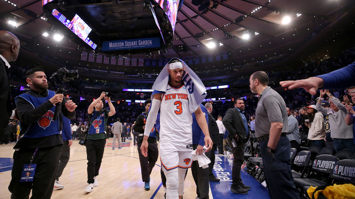 New York Knicks guard Josh Hart (3) leaves the court after losing Game 7 of the second round of the 2024 NBA Playoffs against the Indiana Pacers at Madison Square Garden.