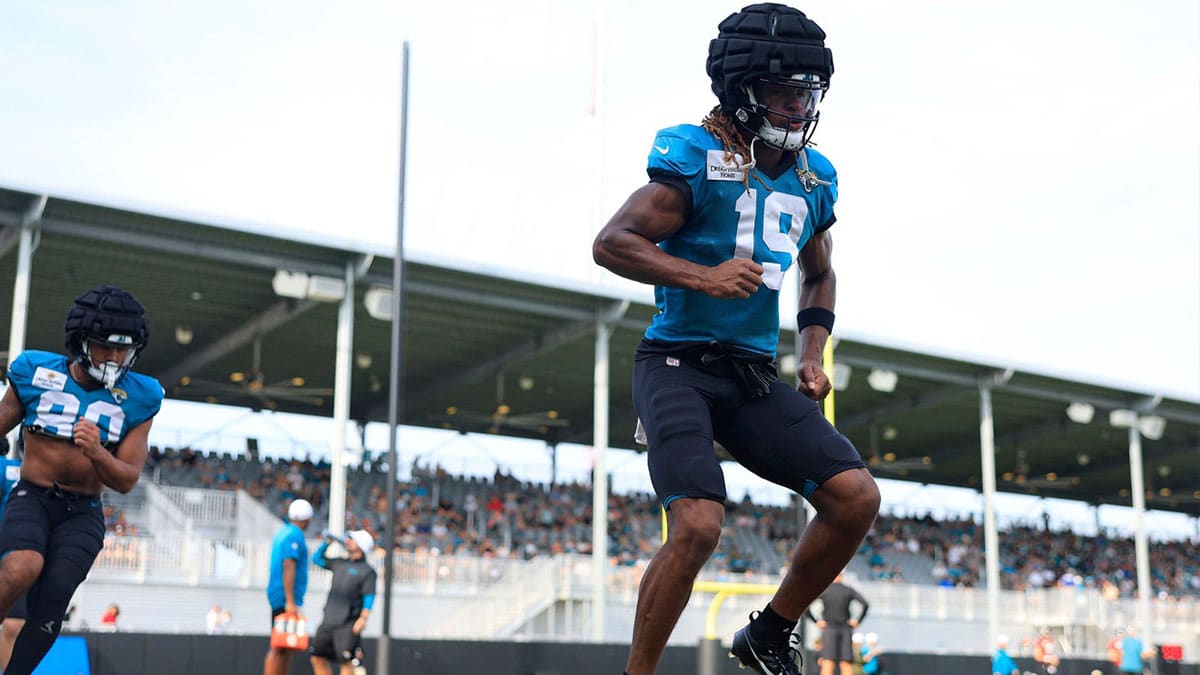 Jacksonville Jaguars wide receiver Joshua Cephus (19) performs ladder drills during the seventh day of an NFL football training camp practice Wednesday, July 31, 2024 at EverBank Stadium’s Miller Electric Center in Jacksonville, Fla.