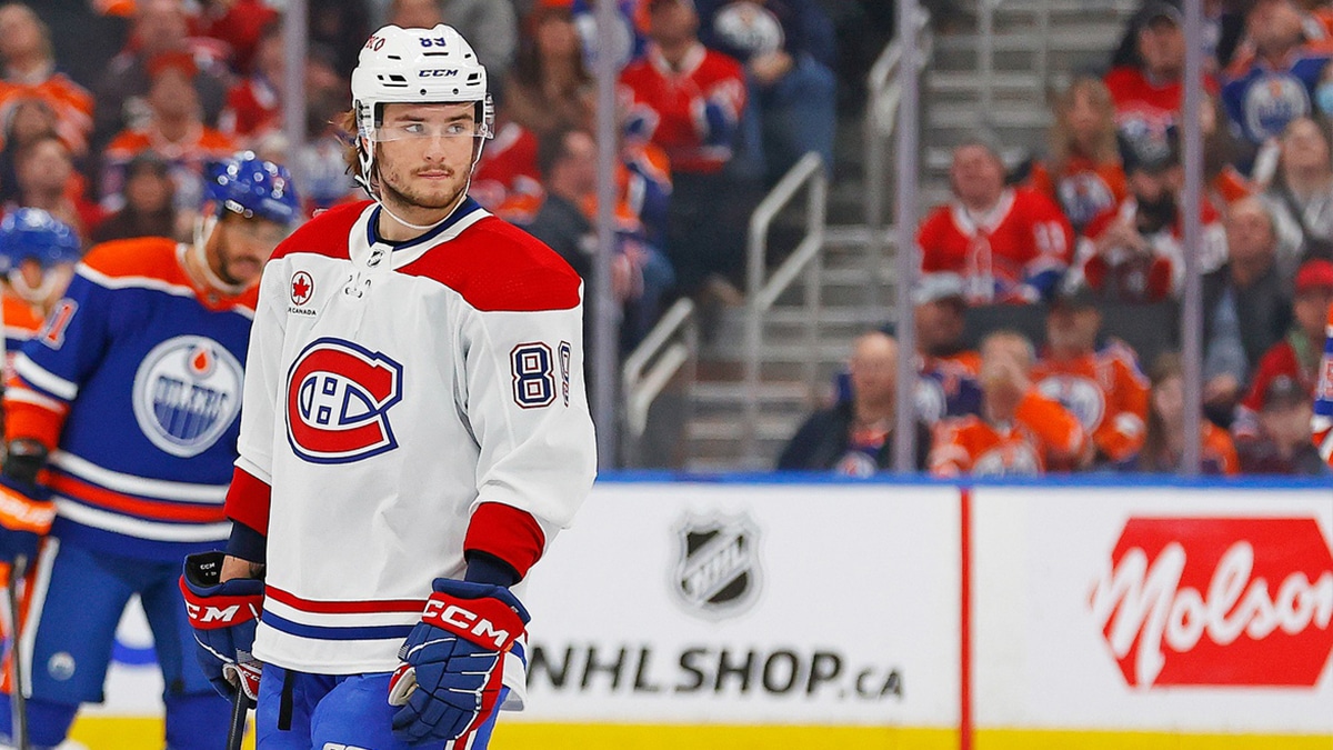 Montreal Canadiens forward Joshua Roy (89) waits for play to begin against the Edmonton Oilers at Rogers Place.