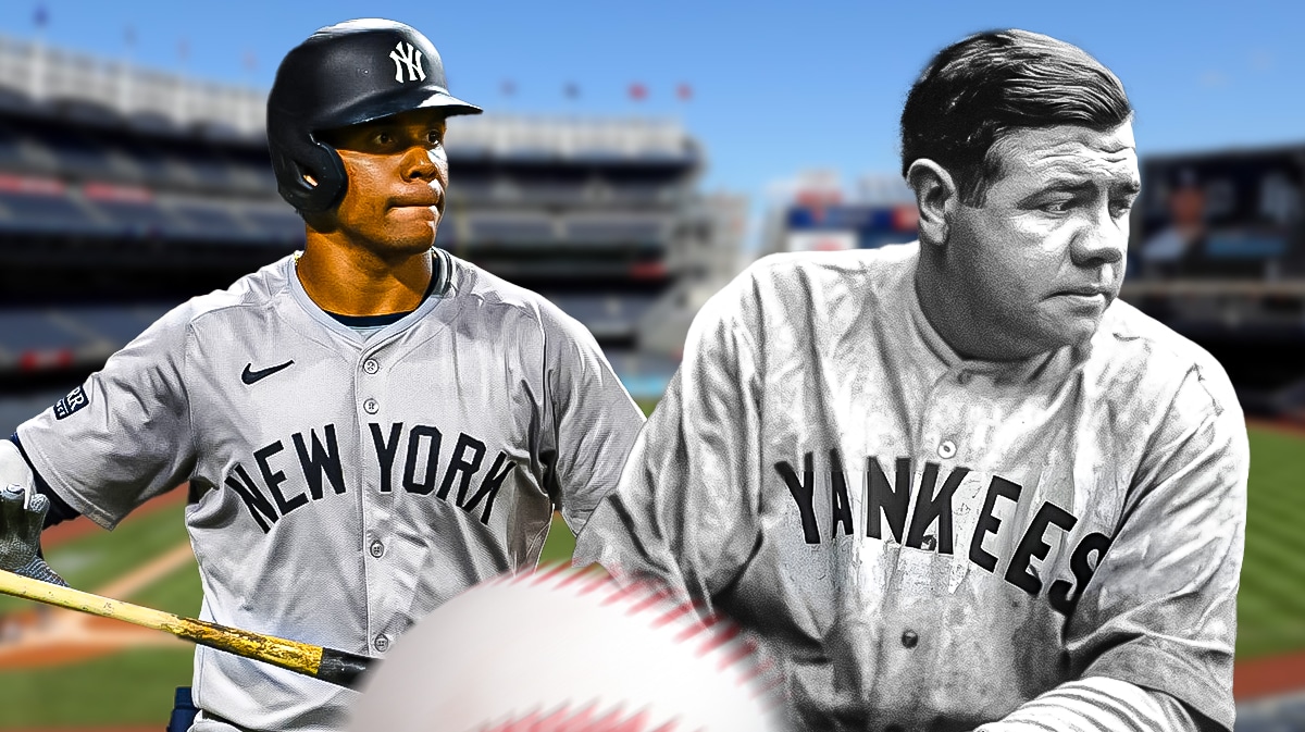 Juan Soto and Babe Ruth next to each other in Yankees jerseys