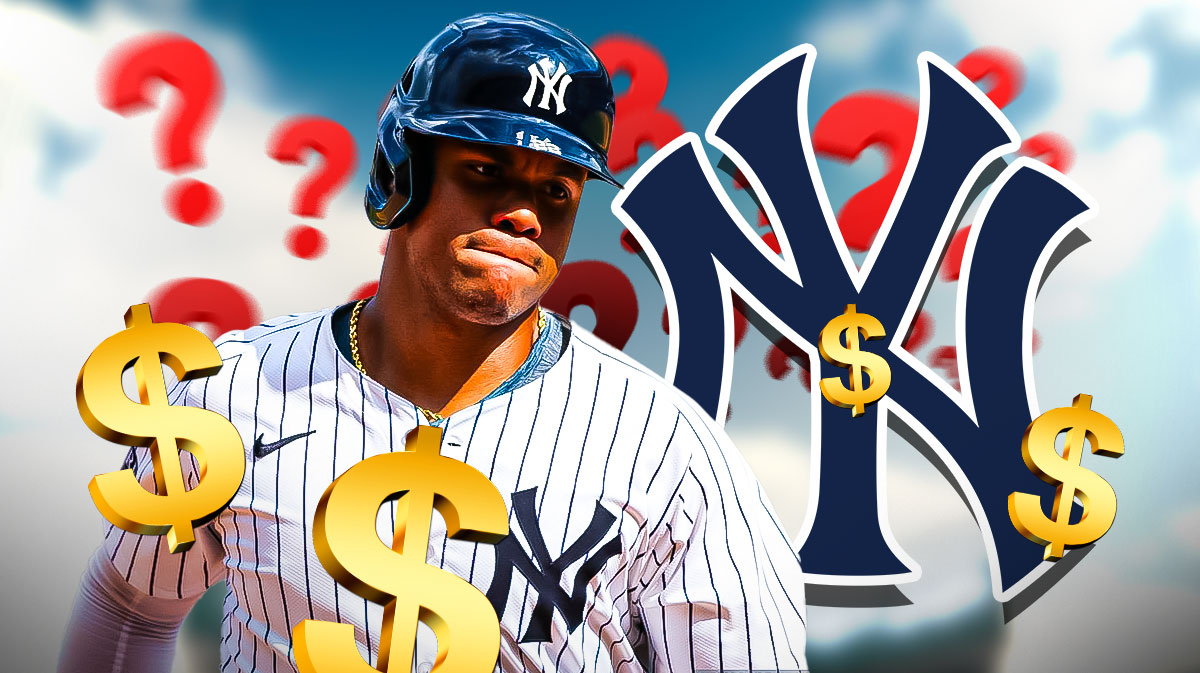 Yankees Juan Soto surrounded by question mark and dollar sign emojis next to a big Yankees logo