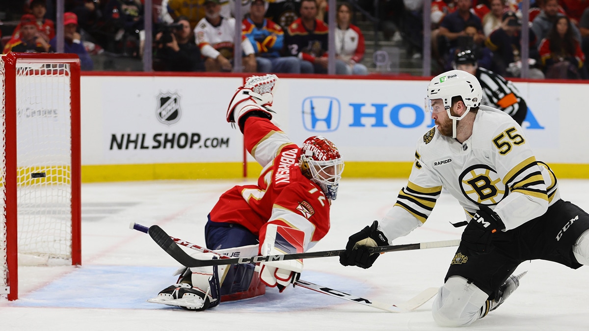  Boston Bruins right wing Justin Brazeau (55) scores against Florida Panthers goaltender Sergei Bobrovsky (72) during the third period in game one of the second round of the 2024 Stanley Cup Playoffs at Amerant Bank Arena. 