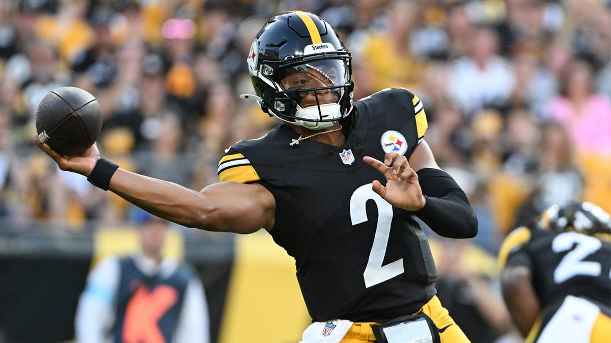 Pittsburgh Steelers quarterback Justin Fields (2) throws a pass against the Houston Texans during the first quarter at Acrisure Stadium. 