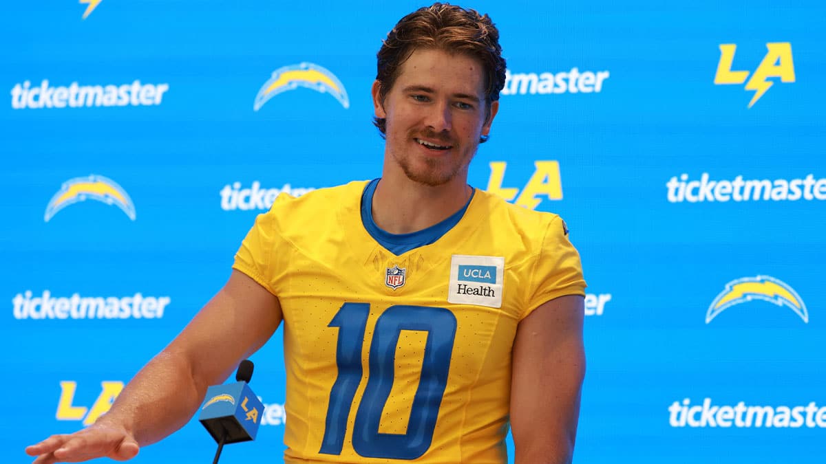 Los Angeles Chargers quarterback Justin Herbert (10) speaks to the media after the first day of training camp at The Bolt.