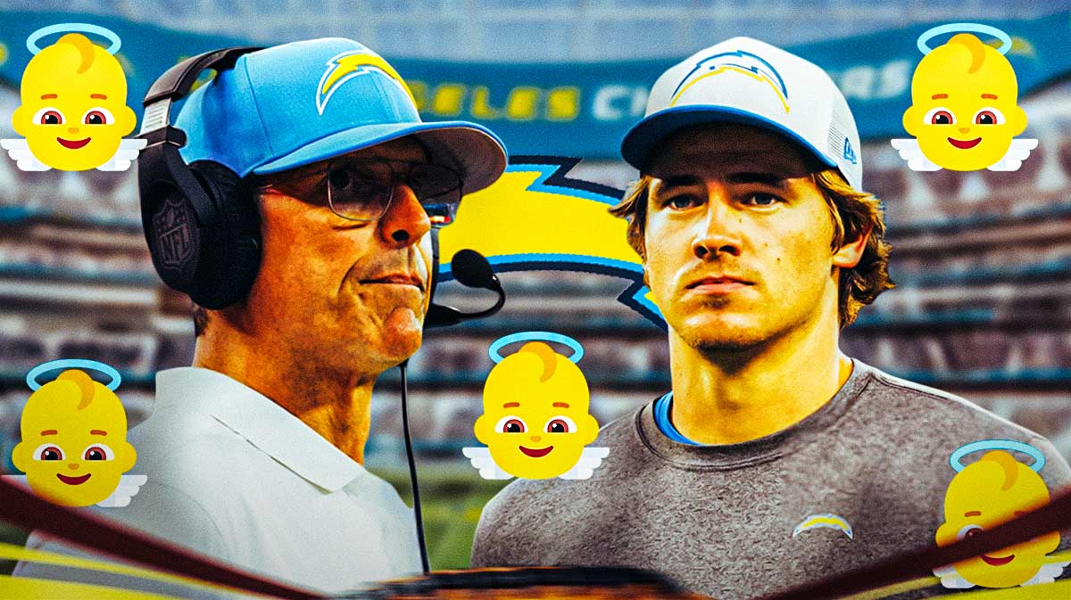 Los Angeles Chargers QB Justin Herbert with head coach Jim Harbaugh. They are surrounded by angel emojis (👼). There is also a logo for the Los Angeles Chargers.