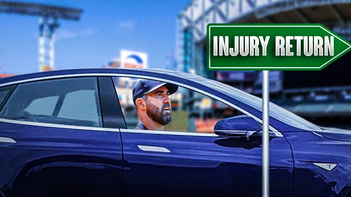 Astros Justin Verlander driving a car on the road towards Minute Maid Park (Astros stadium). Place a sign on the road that reads the following: INJURY RETURN