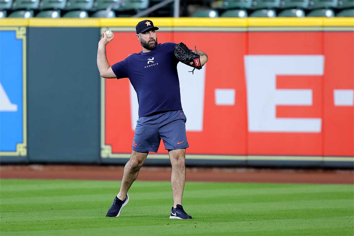 Jul 13, 2024; Houston, Texas, USA; Houston Astros starting pitcher Justin Verlander (35) works out prior to the game against the Texas Rangers at Minute Maid Park. 